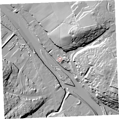 Shaded relief map of the ground around PL276QQ, computed from Environment Agency LiDAR. The ground here sits at about 6 m above sea level and falls 37 m across the surrounding 800 m. Surface water reaching this point runs off ground lying to the east, 3.0 m higher.