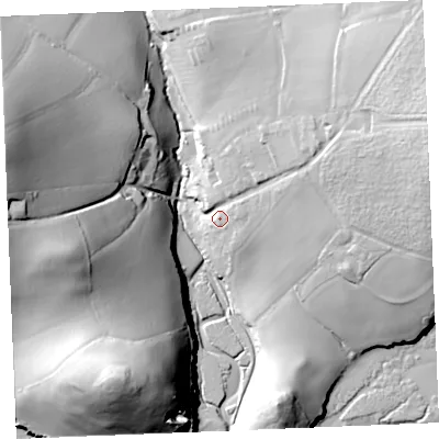 Shaded relief map of the ground around PL276RH, computed from Environment Agency LiDAR. The ground here sits at about 13 m above sea level and falls 59 m across the surrounding 800 m. Surface water reaching this point runs off ground lying to the east-north-east, 22.4 m higher.