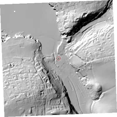 Shaded relief map of the ground around PL276SP, computed from Environment Agency LiDAR. The ground here sits at about 6 m above sea level and falls 68 m across the surrounding 800 m. Surface water reaching this point runs off ground lying to the south-west, 60.0 m higher.