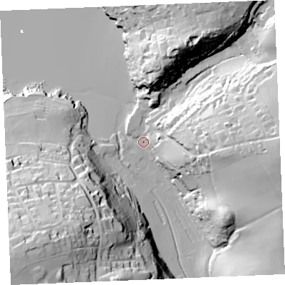 Shaded relief map of the ground around PL276SR, computed from Environment Agency LiDAR. The ground here sits at about 7 m above sea level and falls 67 m across the surrounding 800 m. Surface water reaching this point runs off ground lying to the east, 45.0 m higher.