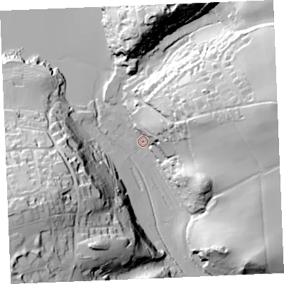 Shaded relief map of the ground around PL276SS, computed from Environment Agency LiDAR. The ground here sits at about 6 m above sea level and falls 66 m across the surrounding 800 m. Surface water reaching this point runs off ground lying to the east-north-east, 23.9 m higher.
