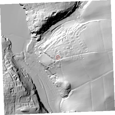 Shaded relief map of the ground around PL276SU, computed from Environment Agency LiDAR. The ground here sits at about 32 m above sea level and falls 60 m across the surrounding 800 m. Surface water reaching this point runs off ground lying to the east, 6.8 m higher.