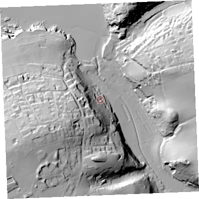 Shaded relief map of the ground around PL276TA, computed from Environment Agency LiDAR. The ground here sits at about 14 m above sea level and falls 68 m across the surrounding 800 m. Surface water reaching this point runs off ground lying to the south-west, 49.3 m higher.