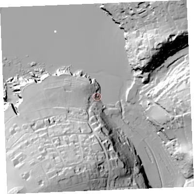 Shaded relief map of the ground around PL276TB, computed from Environment Agency LiDAR. The ground here sits at about 8 m above sea level and falls 70 m across the surrounding 800 m. Surface water reaching this point runs off ground lying to the south-south-west, 61.4 m higher.