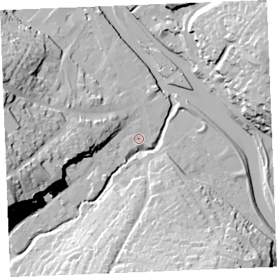 Shaded relief map of the ground around PL277AA, computed from Environment Agency LiDAR. The ground here sits at about 4 m above sea level and falls 44 m across the surrounding 800 m. Surface water reaching this point runs off ground lying to the west-south-west, 22.9 m higher.