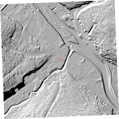 Shaded relief map of the ground around PL277AG, computed from Environment Agency LiDAR. The ground here sits at about 5 m above sea level and falls 41 m across the surrounding 800 m. Surface water reaching this point runs off ground lying to the west-south-west, 22.9 m higher.
