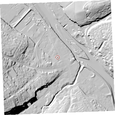 Shaded relief map of the ground around PL277AJ, computed from Environment Agency LiDAR. The ground here sits at about 5 m above sea level and falls 50 m across the surrounding 800 m. Surface water reaching this point runs off ground lying to the south-west, 45.8 m higher.