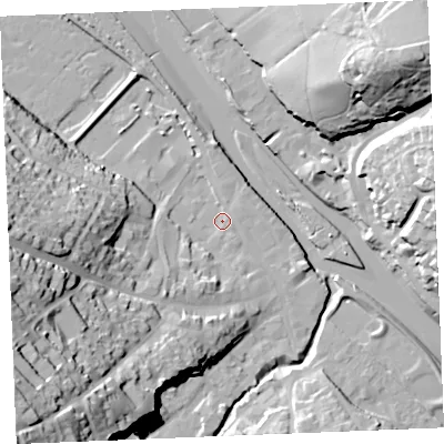 Shaded relief map of the ground around PL277AL, computed from Environment Agency LiDAR. The ground here sits at about 4 m above sea level and falls 54 m across the surrounding 800 m. Surface water reaching this point runs off ground lying to the south-west, 49.8 m higher.