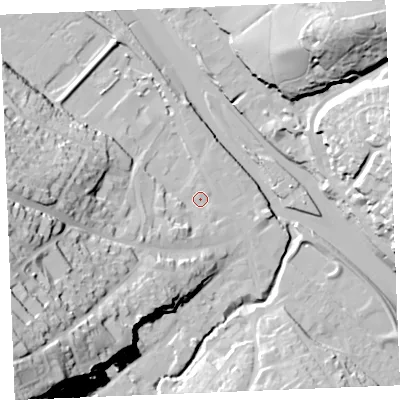 Shaded relief map of the ground around PL277AN, computed from Environment Agency LiDAR. The ground here sits at about 5 m above sea level and falls 52 m across the surrounding 800 m. Surface water reaching this point runs off ground lying to the south-west, 47.3 m higher.