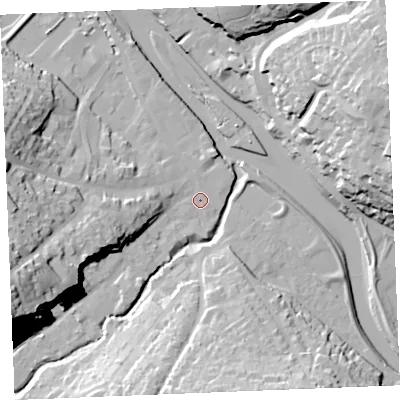 Shaded relief map of the ground around PL277AQ, computed from Environment Agency LiDAR. The ground here sits at about 5 m above sea level and falls 41 m across the surrounding 800 m. Surface water reaching this point runs off ground lying to the north-west, 0.8 m higher.
