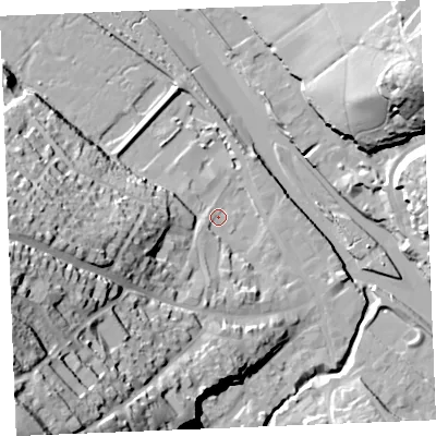 Shaded relief map of the ground around PL277AR, computed from Environment Agency LiDAR. The ground here sits at about 4 m above sea level and falls 63 m across the surrounding 800 m. Surface water reaching this point runs off ground lying to the south-west, 60.0 m higher.