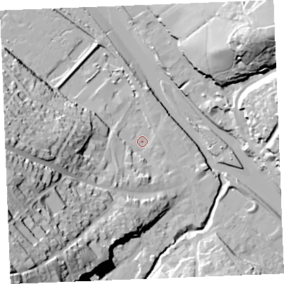 Shaded relief map of the ground around PL277AS, computed from Environment Agency LiDAR. The ground here sits at about 4 m above sea level and falls 58 m across the surrounding 800 m. Surface water reaching this point runs off ground lying to the south-west, 54.5 m higher.