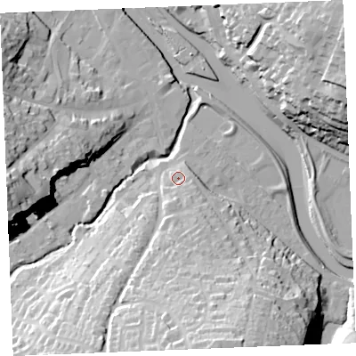 Shaded relief map of the ground around PL277AT, computed from Environment Agency LiDAR. The ground here sits at about 9 m above sea level and falls 40 m across the surrounding 800 m. Surface water reaching this point runs off ground lying to the south-south-east, 8.0 m higher.