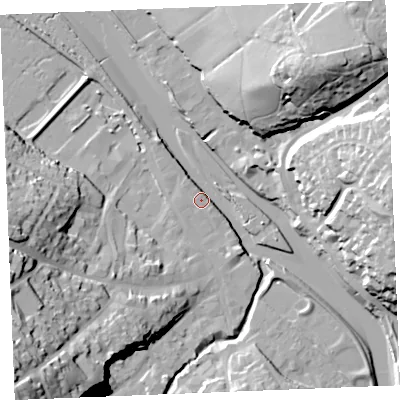 Shaded relief map of the ground around PL277AU, computed from Environment Agency LiDAR. The ground here sits at about 5 m above sea level and falls 46 m across the surrounding 800 m. Surface water reaching this point runs off ground lying to the east, 29.7 m higher.