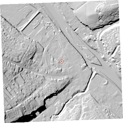 Shaded relief map of the ground around PL277AW, computed from Environment Agency LiDAR. The ground here sits at about 4 m above sea level and falls 56 m across the surrounding 800 m. Surface water reaching this point runs off ground lying to the south-west, 8.3 m higher.