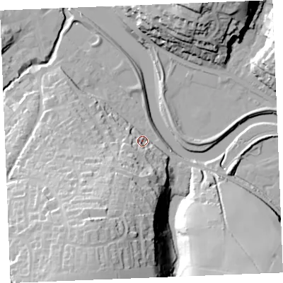 Shaded relief map of the ground around PL277BW, computed from Environment Agency LiDAR. The ground here sits at about 9 m above sea level and falls 49 m across the surrounding 800 m. Surface water reaching this point runs off ground lying to the south-west, 17.1 m higher.