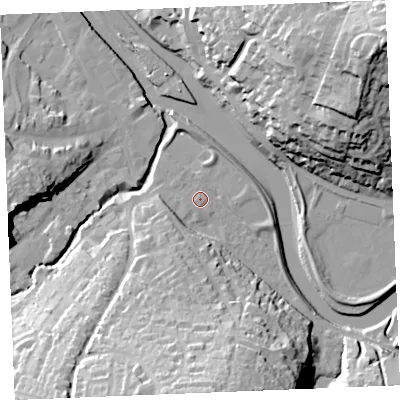Shaded relief map of the ground around PL277BX, computed from Environment Agency LiDAR. The ground here sits at about 5 m above sea level and falls 42 m across the surrounding 800 m. Surface water reaching this point runs off ground lying to the south, 34.6 m higher.