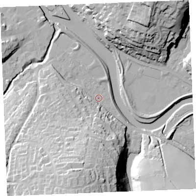 Shaded relief map of the ground around PL277BY, computed from Environment Agency LiDAR. The ground here sits at about 5 m above sea level and falls 47 m across the surrounding 800 m. Surface water reaching this point runs off ground lying to the south-south-west, 40.5 m higher.