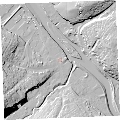 Shaded relief map of the ground around PL277DA, computed from Environment Agency LiDAR. The ground here sits at about 5 m above sea level and falls 43 m across the surrounding 800 m. Surface water reaching this point runs off ground lying to the west-south-west, 36.1 m higher.