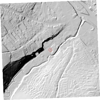 Shaded relief map of the ground around PL277FG, computed from Environment Agency LiDAR. The ground here sits at about 5 m above sea level and falls 67 m across the surrounding 800 m. Surface water reaching this point runs off ground lying to the west, 28.7 m higher.