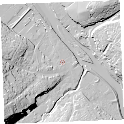 Shaded relief map of the ground around PL277FH, computed from Environment Agency LiDAR. The ground here sits at about 5 m above sea level and falls 47 m across the surrounding 800 m. Surface water reaching this point runs off ground lying to the south-west, 42.7 m higher.