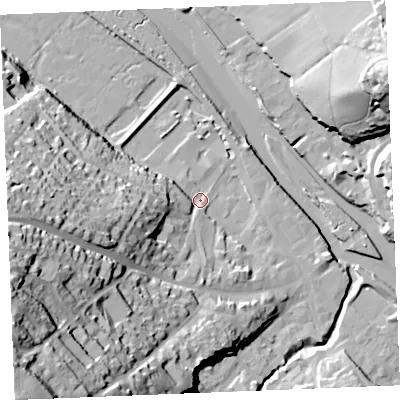 Shaded relief map of the ground around PL277GF, computed from Environment Agency LiDAR. The ground here sits at about 4 m above sea level and falls 65 m across the surrounding 800 m. Surface water reaching this point runs off ground lying to the south-west, 63.0 m higher.
