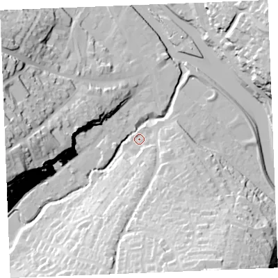 Shaded relief map of the ground around PL277HL, computed from Environment Agency LiDAR. The ground here sits at about 5 m above sea level and falls 46 m across the surrounding 800 m. Surface water reaching this point runs off ground lying to the south-south-east, 39.1 m higher.