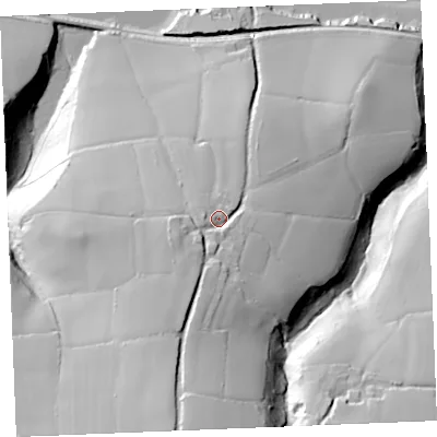 Shaded relief map of the ground around PL277HX, computed from Environment Agency LiDAR. The ground here sits at about 43 m above sea level and falls 86 m across the surrounding 800 m. Surface water reaching this point runs off ground lying to the south-south-west, 44.4 m higher.