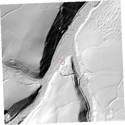 Shaded relief map of the ground around PL277JU, computed from Environment Agency LiDAR. The ground here sits at about 6 m above sea level and falls 76 m across the surrounding 800 m. Surface water reaching this point runs off ground lying to the south-south-east, 15.1 m higher.