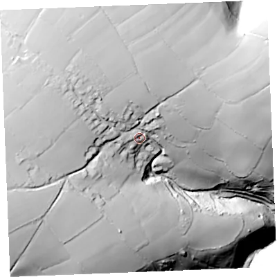 Shaded relief map of the ground around PL277LD, computed from Environment Agency LiDAR. The ground here sits at about 86 m above sea level and falls 94 m across the surrounding 800 m. Surface water reaching this point runs off ground lying to the north-west, 24.1 m higher.