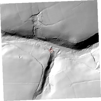 Shaded relief map of the ground around PL277LL, computed from Environment Agency LiDAR. The ground here sits at about 41 m above sea level and falls 84 m across the surrounding 800 m. Surface water reaching this point runs off ground lying to the south-south-west, 35.9 m higher.