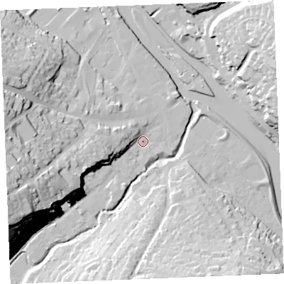 Shaded relief map of the ground around PL277NB, computed from Environment Agency LiDAR. The ground here sits at about 5 m above sea level and falls 48 m across the surrounding 800 m. Surface water reaching this point runs off ground lying to the west-south-west, 22.8 m higher.