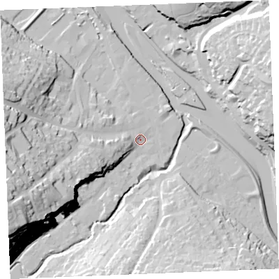 Shaded relief map of the ground around PL277ND, computed from Environment Agency LiDAR. The ground here sits at about 5 m above sea level and falls 46 m across the surrounding 800 m. Surface water reaching this point runs off ground lying to the west-south-west, 6.7 m higher.