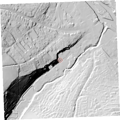Shaded relief map of the ground around PL277NE, computed from Environment Agency LiDAR. The ground here sits at about 5 m above sea level and falls 70 m across the surrounding 800 m. Surface water reaching this point runs off ground lying to the west, 28.9 m higher.
