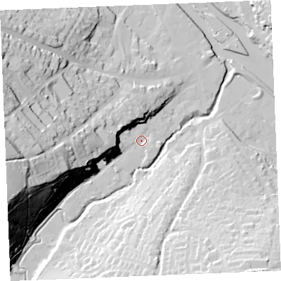 Shaded relief map of the ground around PL277NP, computed from Environment Agency LiDAR. The ground here sits at about 4 m above sea level and falls 66 m across the surrounding 800 m. Surface water reaching this point runs off ground lying to the west-north-west, 19.9 m higher.