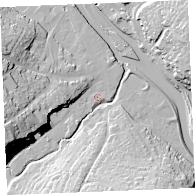 Shaded relief map of the ground around PL277NS, computed from Environment Agency LiDAR. The ground here sits at about 5 m above sea level and falls 45 m across the surrounding 800 m. Surface water reaching this point runs off ground lying to the south-east, 1.3 m higher.