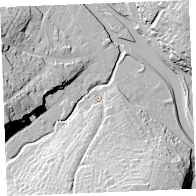 Shaded relief map of the ground around PL277NY, computed from Environment Agency LiDAR. The ground here sits at about 5 m above sea level and falls 44 m across the surrounding 800 m. Surface water reaching this point runs off ground lying to the south-south-east, 36.1 m higher.