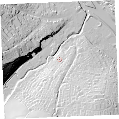 Shaded relief map of the ground around PL277PD, computed from Environment Agency LiDAR. The ground here sits at about 10 m above sea level and falls 55 m across the surrounding 800 m. Surface water reaching this point runs off ground lying to the south-south-east, 10.5 m higher.