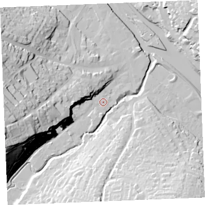 Shaded relief map of the ground around PL277PY, computed from Environment Agency LiDAR. The ground here sits at about 5 m above sea level and falls 56 m across the surrounding 800 m. Surface water reaching this point runs off ground lying to the west, 0.7 m higher.