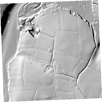 Shaded relief map of the ground around PL277QH, computed from Environment Agency LiDAR. The ground here sits at about 30 m above sea level and falls 56 m across the surrounding 800 m. Surface water reaching this point runs off ground lying to the south-east, 12.6 m higher.