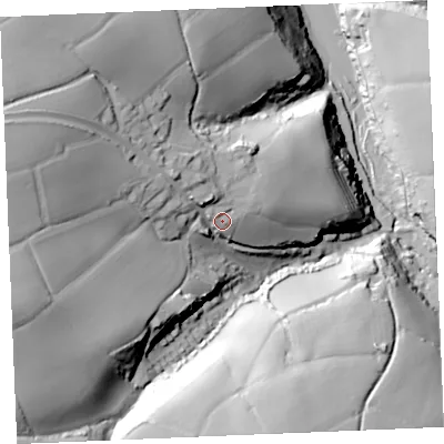 Shaded relief map of the ground around PL277QT, computed from Environment Agency LiDAR. The ground here sits at about 39 m above sea level and falls 71 m across the surrounding 800 m. Surface water reaching this point runs off ground lying to the west-north-west, 38.3 m higher.