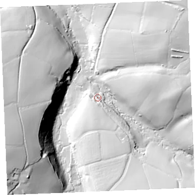 Shaded relief map of the ground around PL277QU, computed from Environment Agency LiDAR. The ground here sits at about 17 m above sea level and falls 58 m across the surrounding 800 m. Surface water reaching this point runs off ground lying to the south, 15.1 m higher.