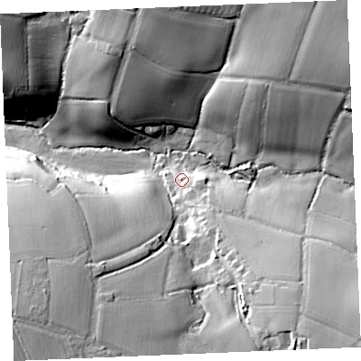 Shaded relief map of the ground around PL277SS, computed from Environment Agency LiDAR. The ground here sits at about 67 m above sea level and falls 33 m across the surrounding 800 m. Surface water reaching this point runs off ground lying to the south-east, 6.4 m higher.