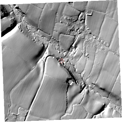 Shaded relief map of the ground around PL277UH, computed from Environment Agency LiDAR. The ground here sits at about 28 m above sea level and falls 61 m across the surrounding 800 m. Surface water reaching this point runs off ground lying to the south-south-west, 31.9 m higher.
