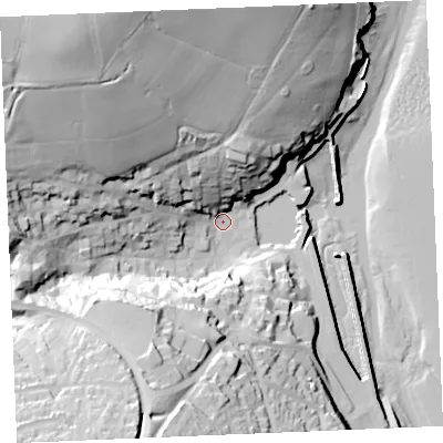 Shaded relief map of the ground around PL288AA, computed from Environment Agency LiDAR. The ground here sits at about 5 m above sea level and falls 64 m across the surrounding 800 m. Surface water reaching this point runs off ground lying to the north-north-west, 56.0 m higher.