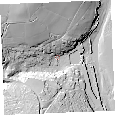 Shaded relief map of the ground around PL288AB, computed from Environment Agency LiDAR. The ground here sits at about 6 m above sea level and falls 64 m across the surrounding 800 m. Surface water reaching this point runs off ground lying to the north-north-west, 55.7 m higher.