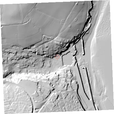 Shaded relief map of the ground around PL288AE, computed from Environment Agency LiDAR. The ground here sits at about 5 m above sea level and falls 65 m across the surrounding 800 m. Surface water reaching this point runs off ground lying to the north-west, 56.7 m higher.