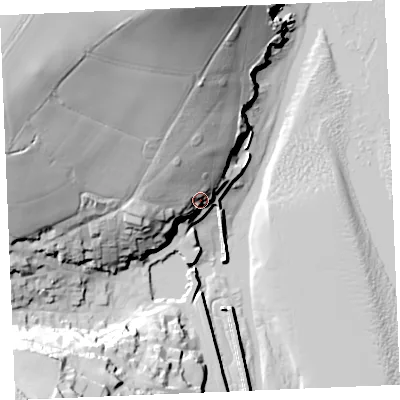 Shaded relief map of the ground around PL288AF, computed from Environment Agency LiDAR. The ground here sits at about 16 m above sea level and falls 67 m across the surrounding 800 m. Surface water reaching this point runs off ground lying to the north-west, 34.1 m higher.