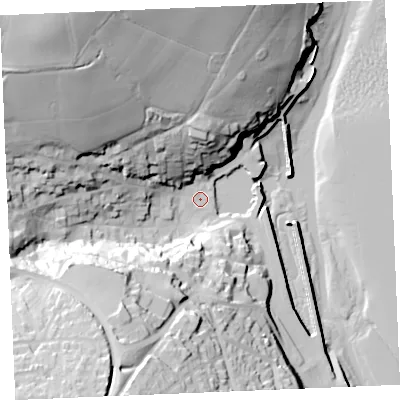 Shaded relief map of the ground around PL288AH, computed from Environment Agency LiDAR. The ground here sits at about 4 m above sea level and falls 64 m across the surrounding 800 m. Surface water reaching this point runs off ground lying to the north-west, 55.8 m higher.
