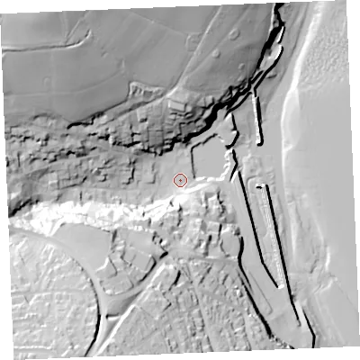 Shaded relief map of the ground around PL288AJ, computed from Environment Agency LiDAR. The ground here sits at about 4 m above sea level and falls 62 m across the surrounding 800 m. Surface water reaching this point runs off ground lying to the north-west, 54.2 m higher.
